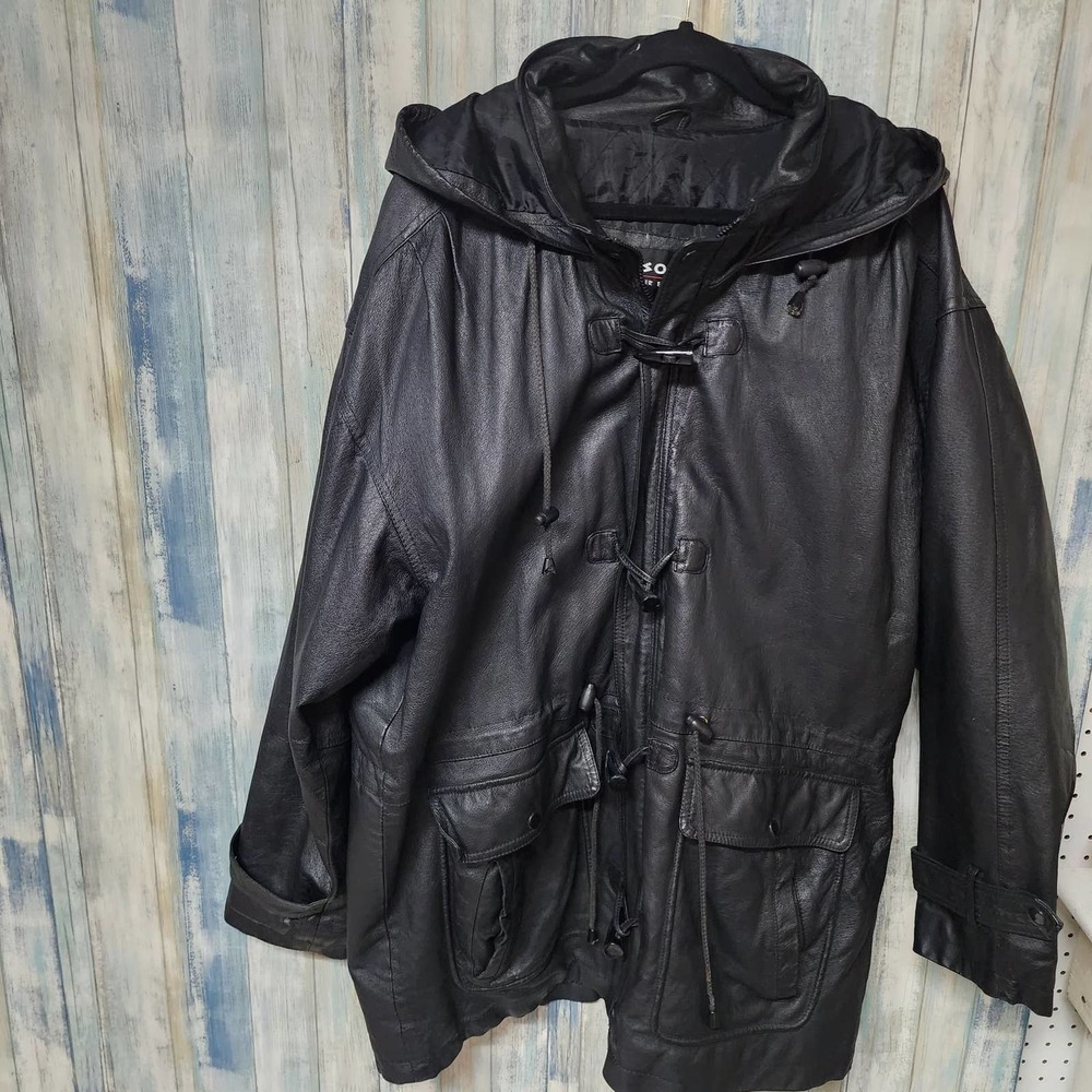 Wilson Black Leather Unisex Raincoat With Hood WARM Coat Large